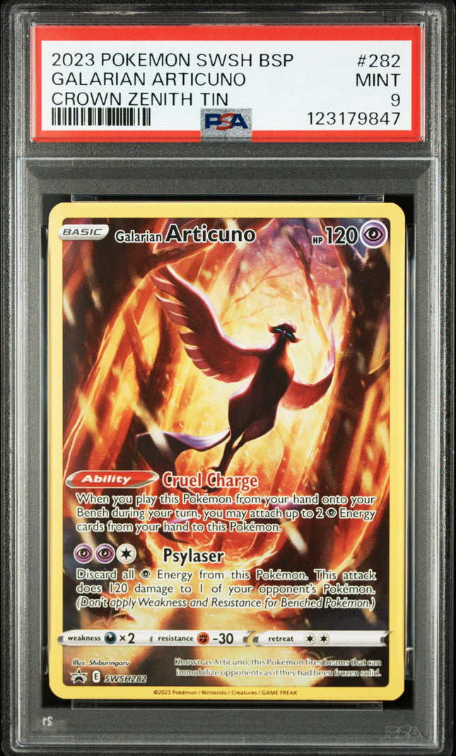 Pokémon Galarian Articuno trading card in a protective case with PSA grading label.