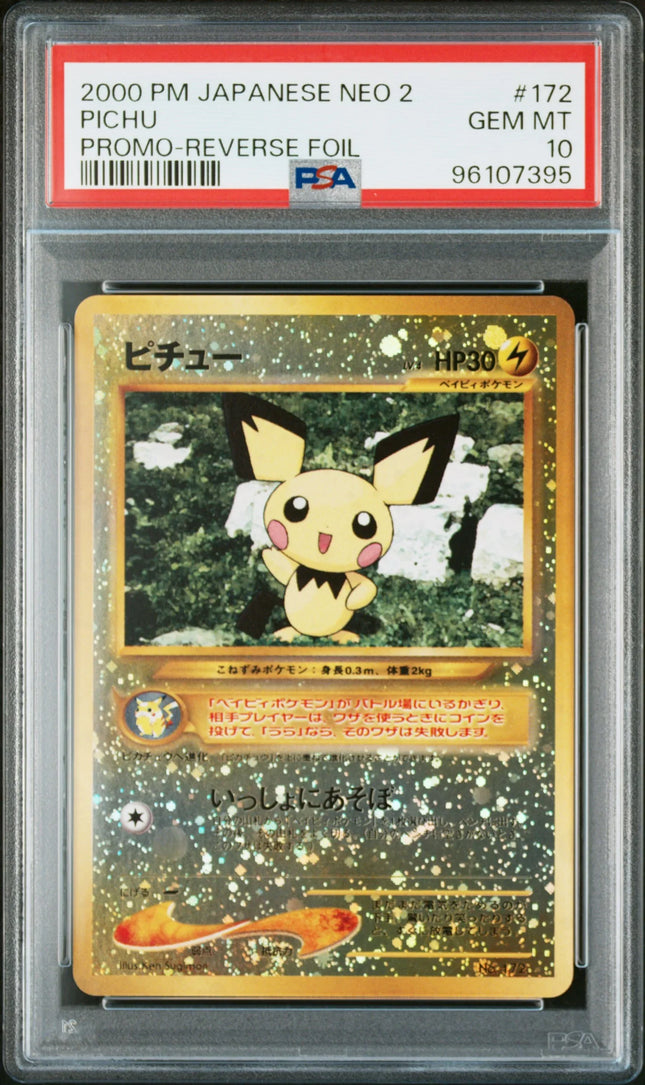 holographic pichu card PSA 10 GEM MINT Pichu #172 Reverse Holo Neo 2 File Promo Japanese 2000 Pokemon